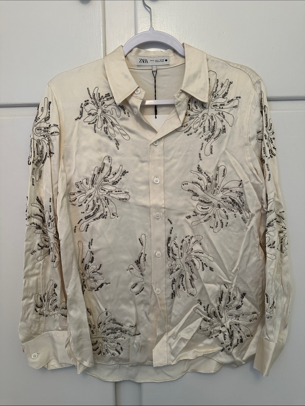 NWT Zara Cream Beaded Silver Button Down Blouse
